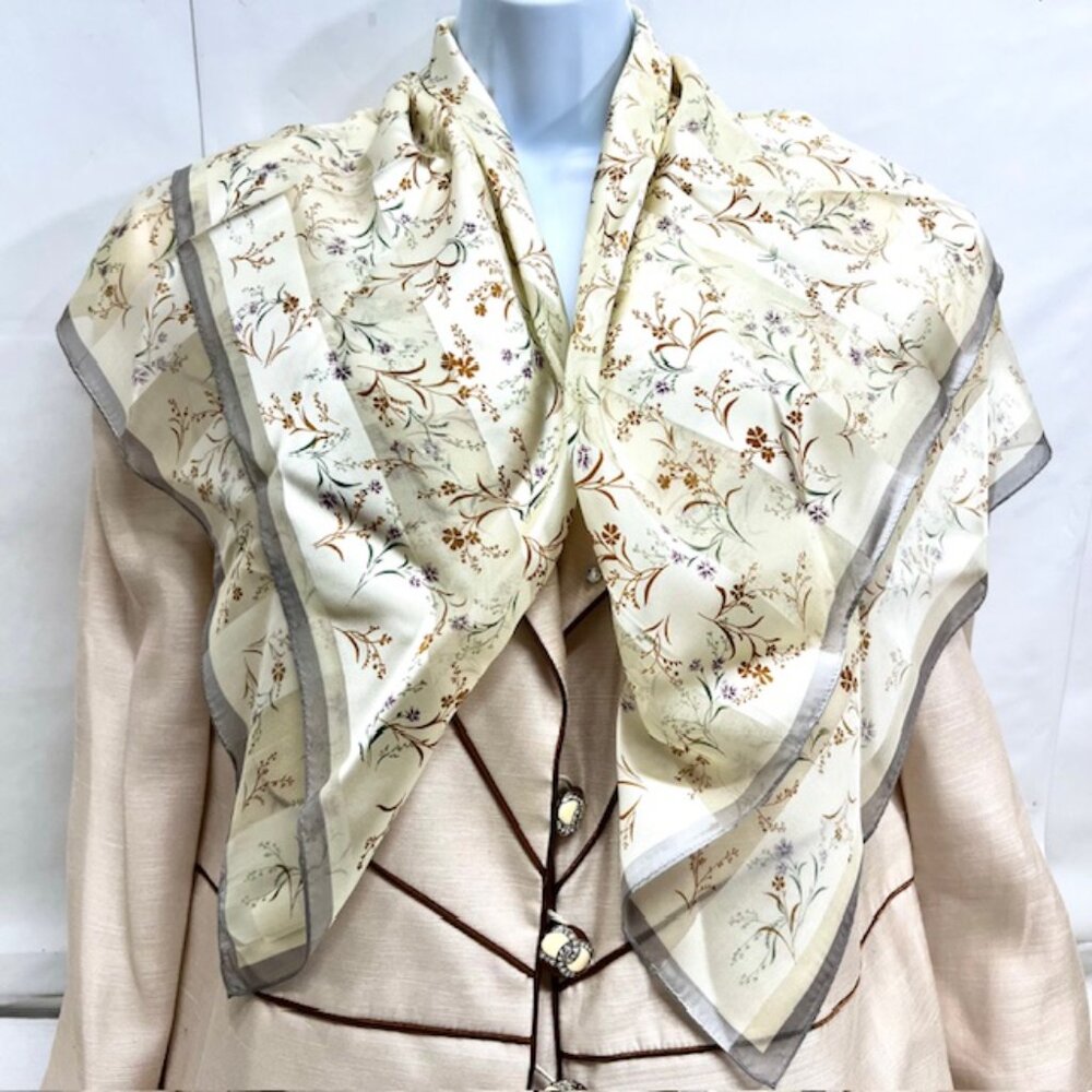 New W/ Box Elegant British Counrty Scarf 100% Silk Chiffon Satin 34"Ivery Floral - Picture 8 of 13